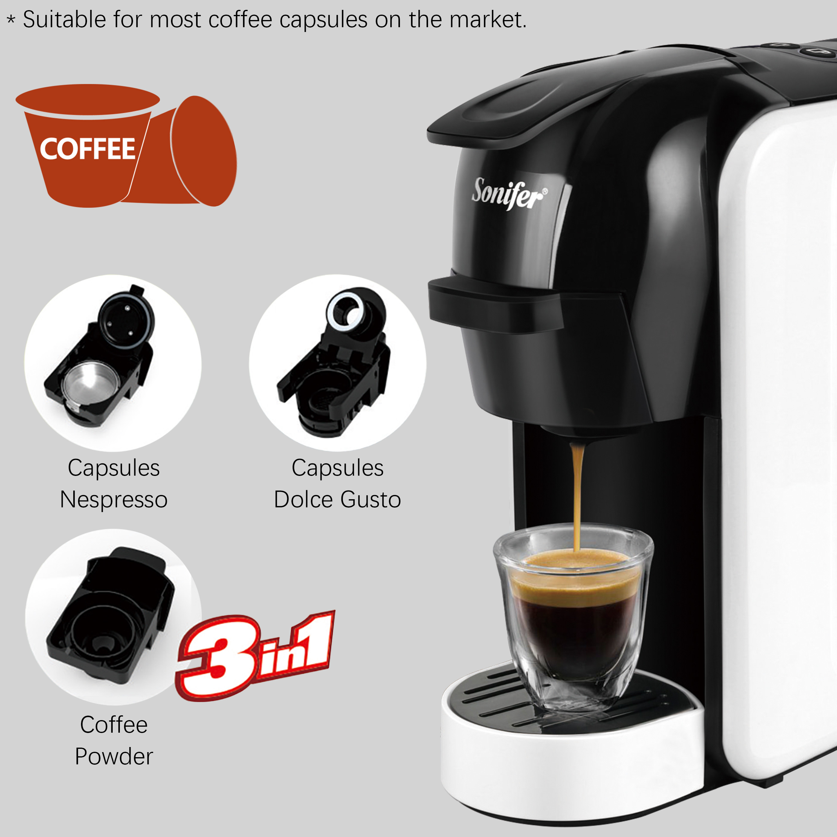 Sonifer SF-3539 wholesale high quality 19 bar pressure home 220V automatic electric multi 3 in 1 capsule coffee machine