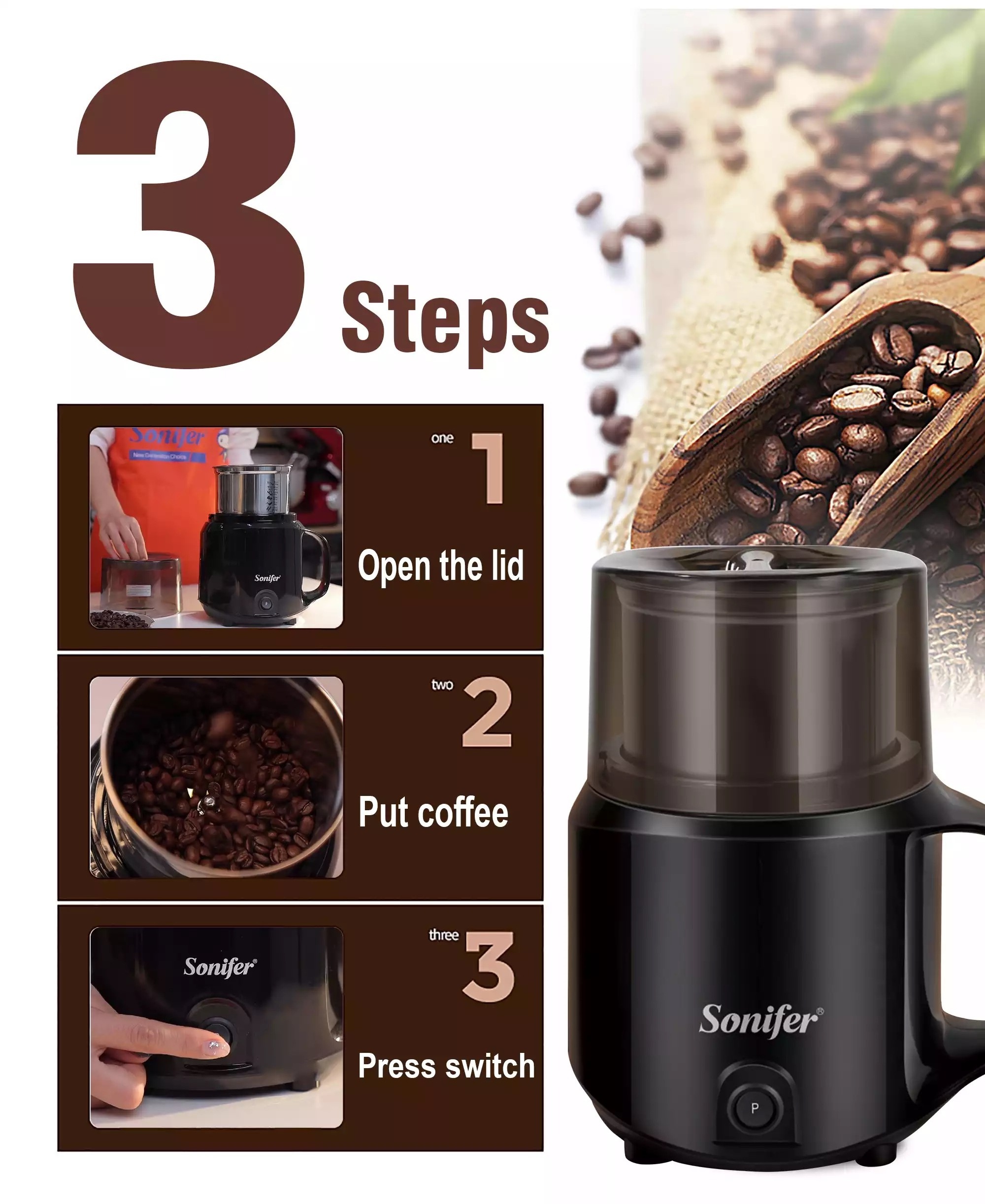 Sonifer SF-3543 home high quality multifunction spice nut seed 200g large capacity big electric coffee grinders