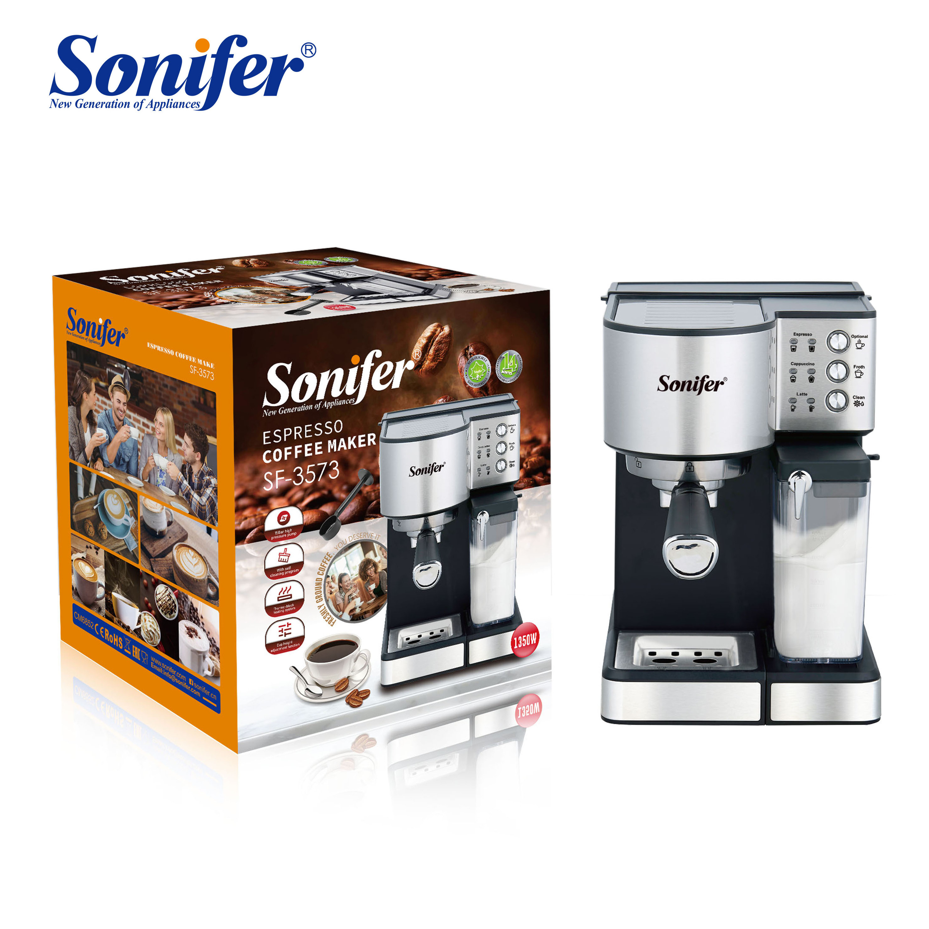 Sonifer SF-3573 New function fully automatic milk frothing system self cleaning program Espresso Coffee Maker