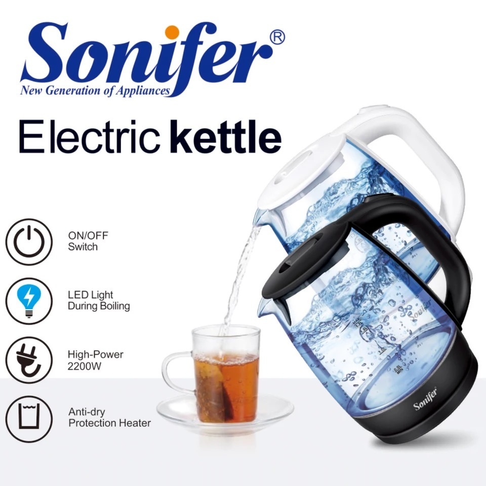 Sonifer SF-2079 household powerful hot water cordless led light 1.7 liter glass electric kettle