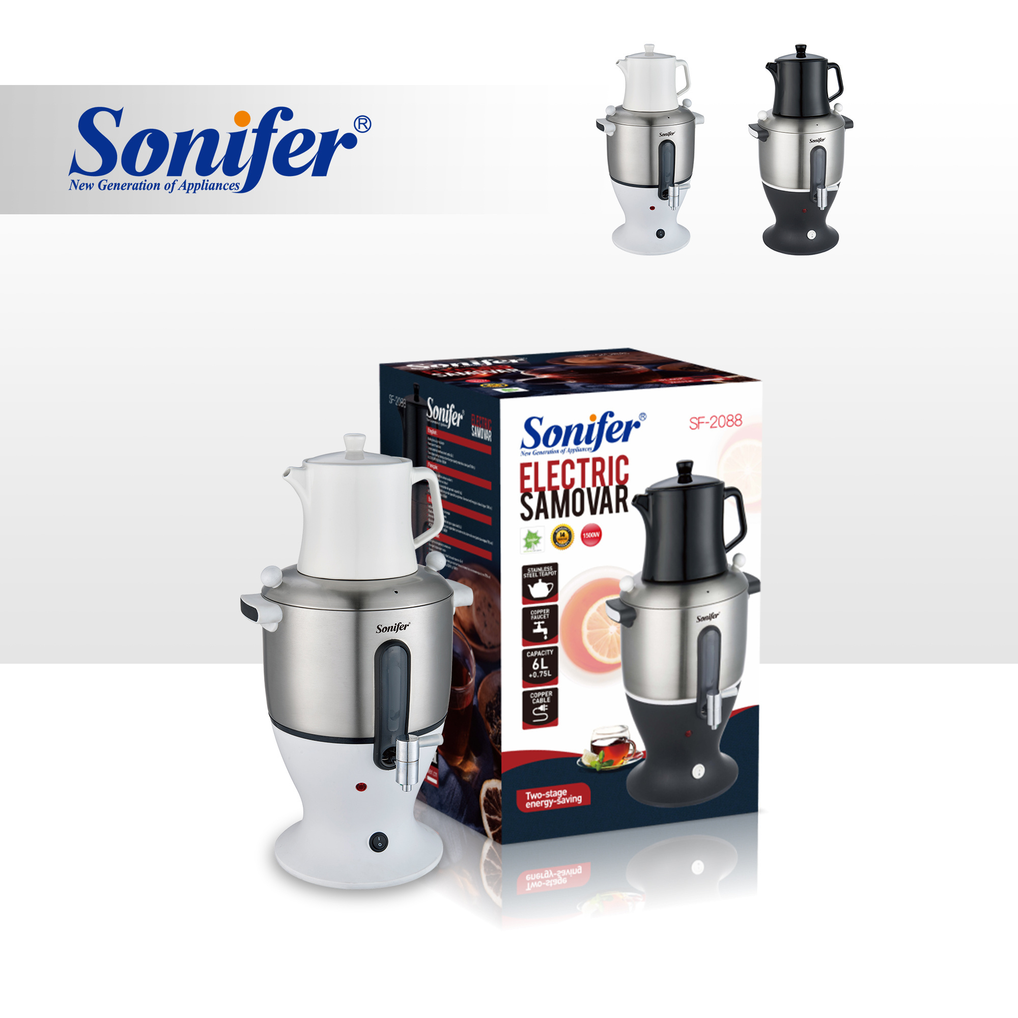 Sonifer SF-2088 wholesale household large capacity 6l copper faucet stainless steel russia tea maker samovar electric kettles