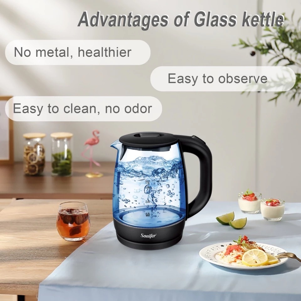 Sonifer SF-2079 household powerful hot water cordless led light 1.7 liter glass electric kettle