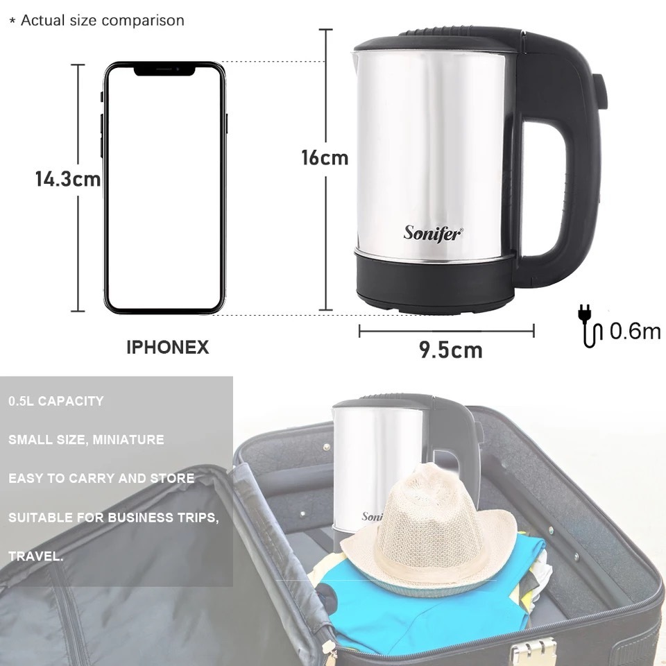 Sonifer SF-2011 wholesale 1000W cheap stainless steel 0.5 liter for travellers hotel mini portable electric kettle