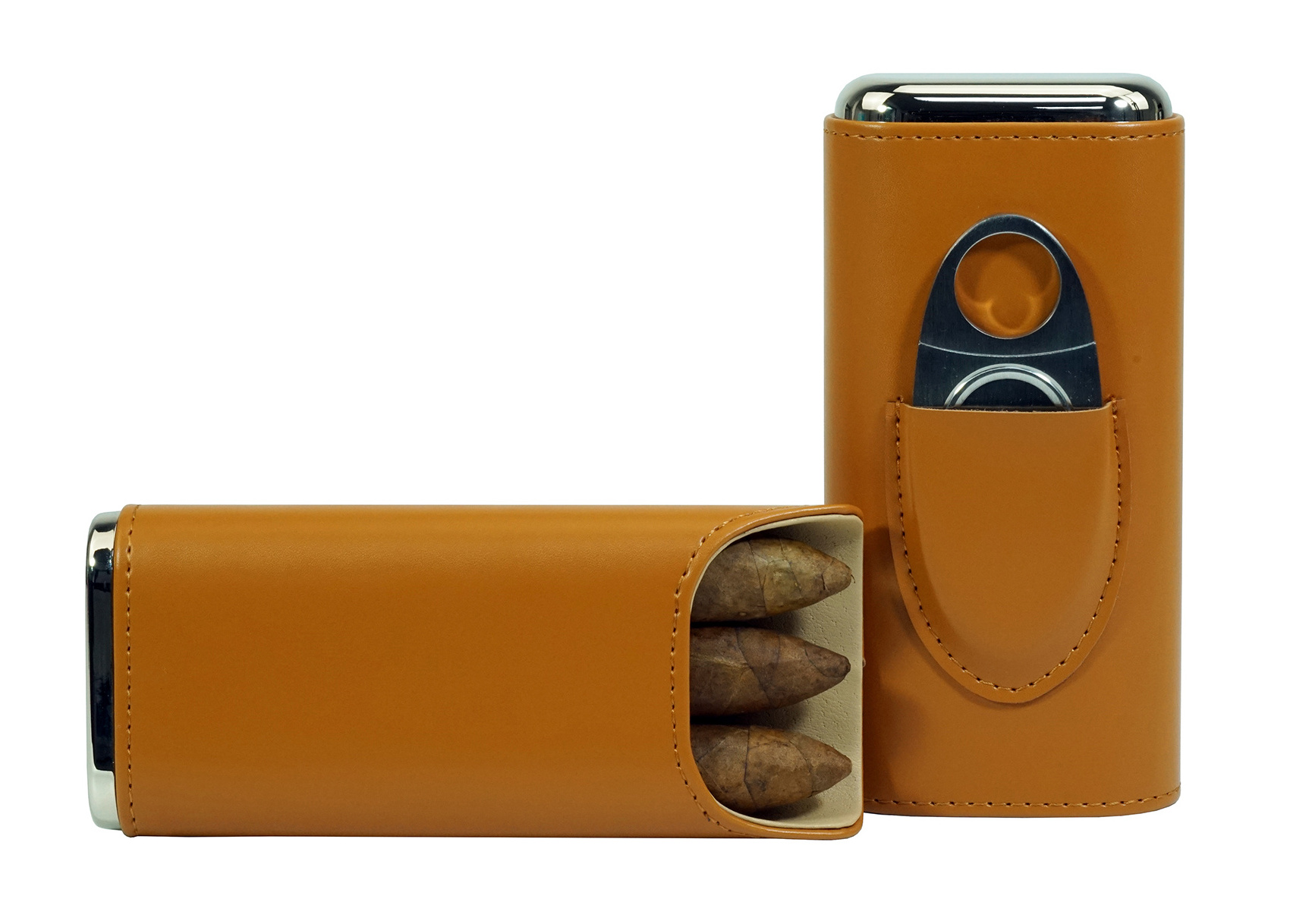 Sonny Premium Portable Travel 3 Finger Brown Leather Cigar Carrying Case with Stainless Steel Cutter