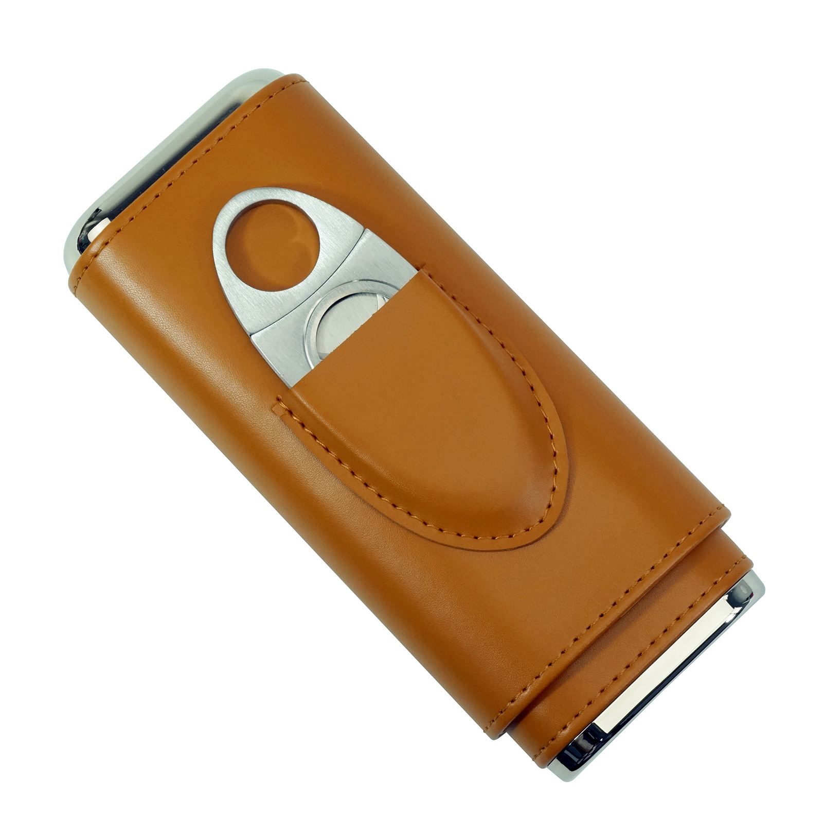 Sonny Premium Portable Travel 3 Finger Brown Leather Cigar Carrying Case with Stainless Steel Cutter