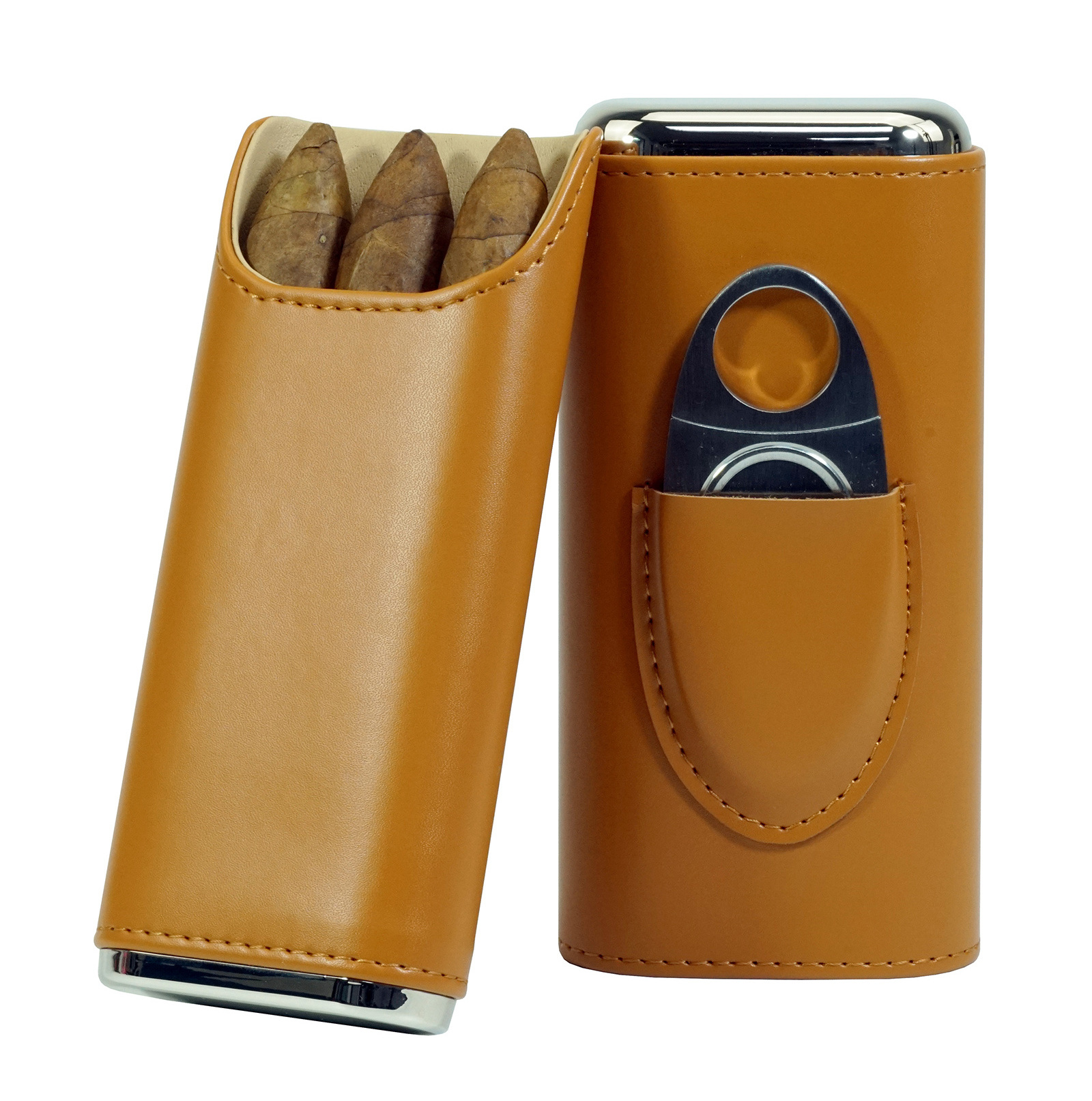 Sonny Premium Portable Travel 3 Finger Brown Leather Cigar Carrying Case with Stainless Steel Cutter