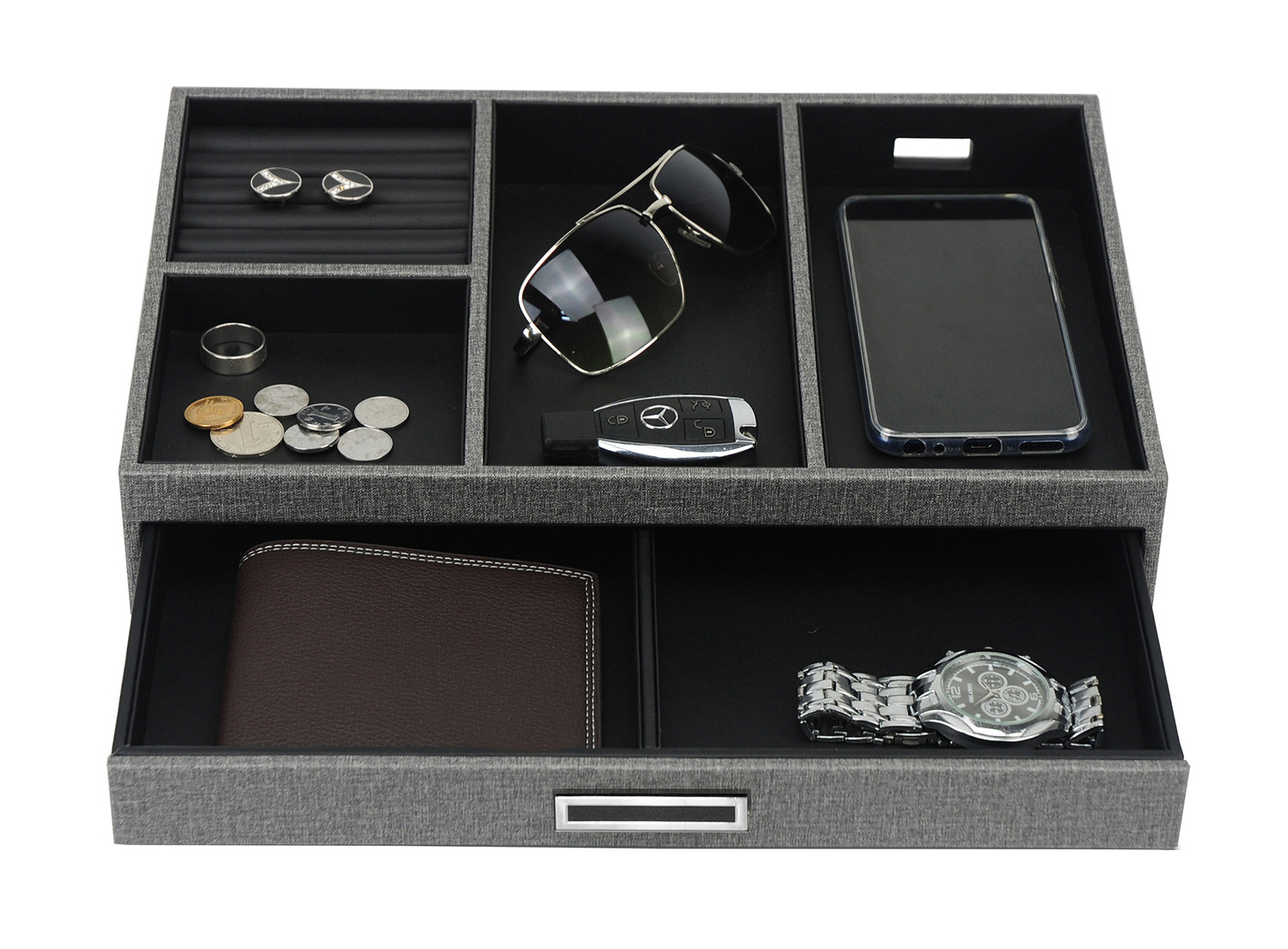 Mens Valet Tray with Charging Station Nightstand Dresser Organizer Mens Catchall Tray for Keys Phone Wallet Coin Jewelry