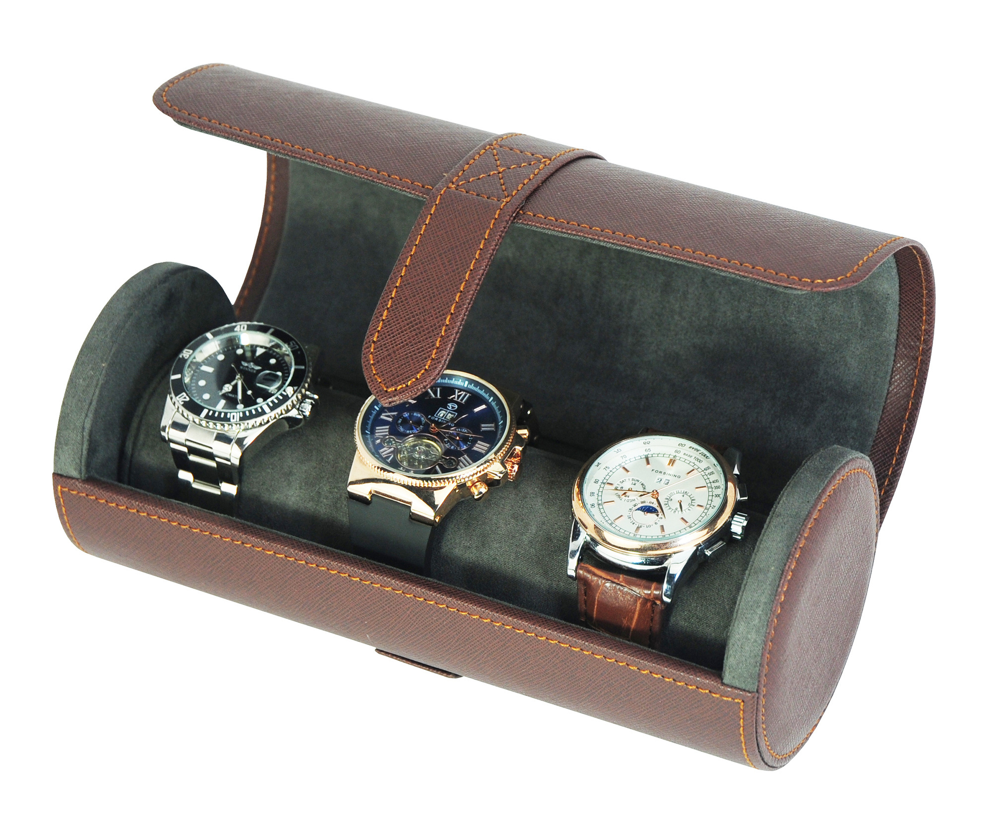 Portable Travel Handmade Leather 3 Slot Brown Watch Roll Case for Men Gift Box