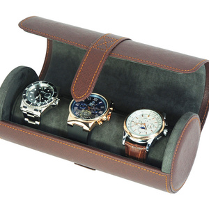 Portable Travel Handmade Leather 3 Slot Brown Watch Roll Case for Men Gift Box