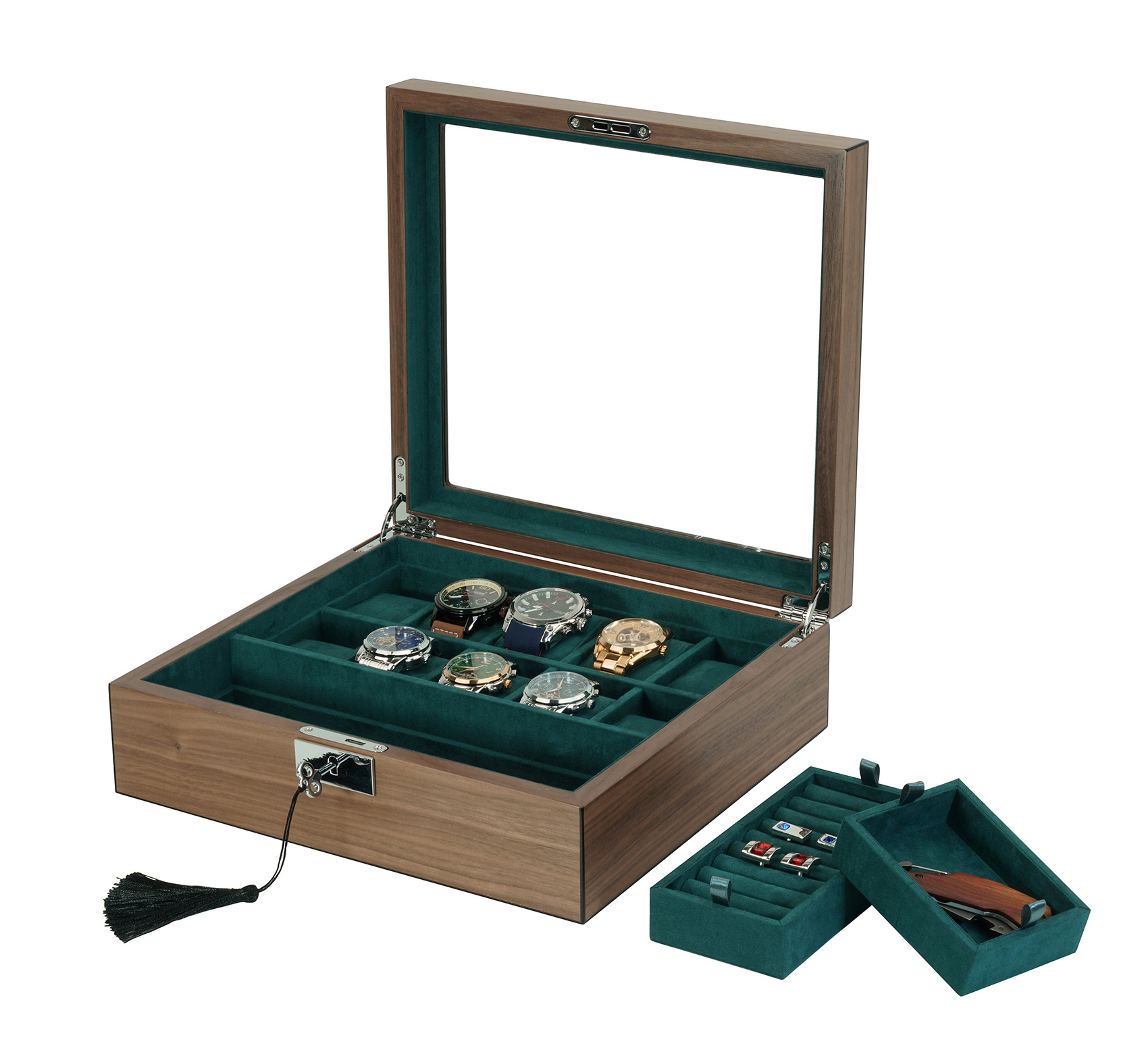 2023 New Wooden Jewelry Organizer for Men 10 Slots Watch box with 2 Valet Cufflink Trays