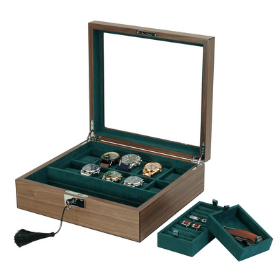 2023 New Wooden Jewelry Organizer for Men 10 Slots Watch box with 2 Valet Cufflink Trays