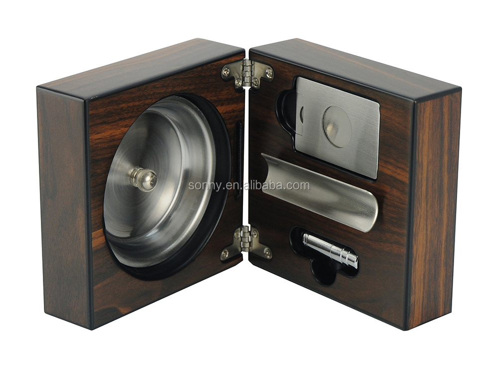 Cigars Folding Wood Cigar Ashtray Set with Triple Jet Flame Butane Torch Lighter and Cutter