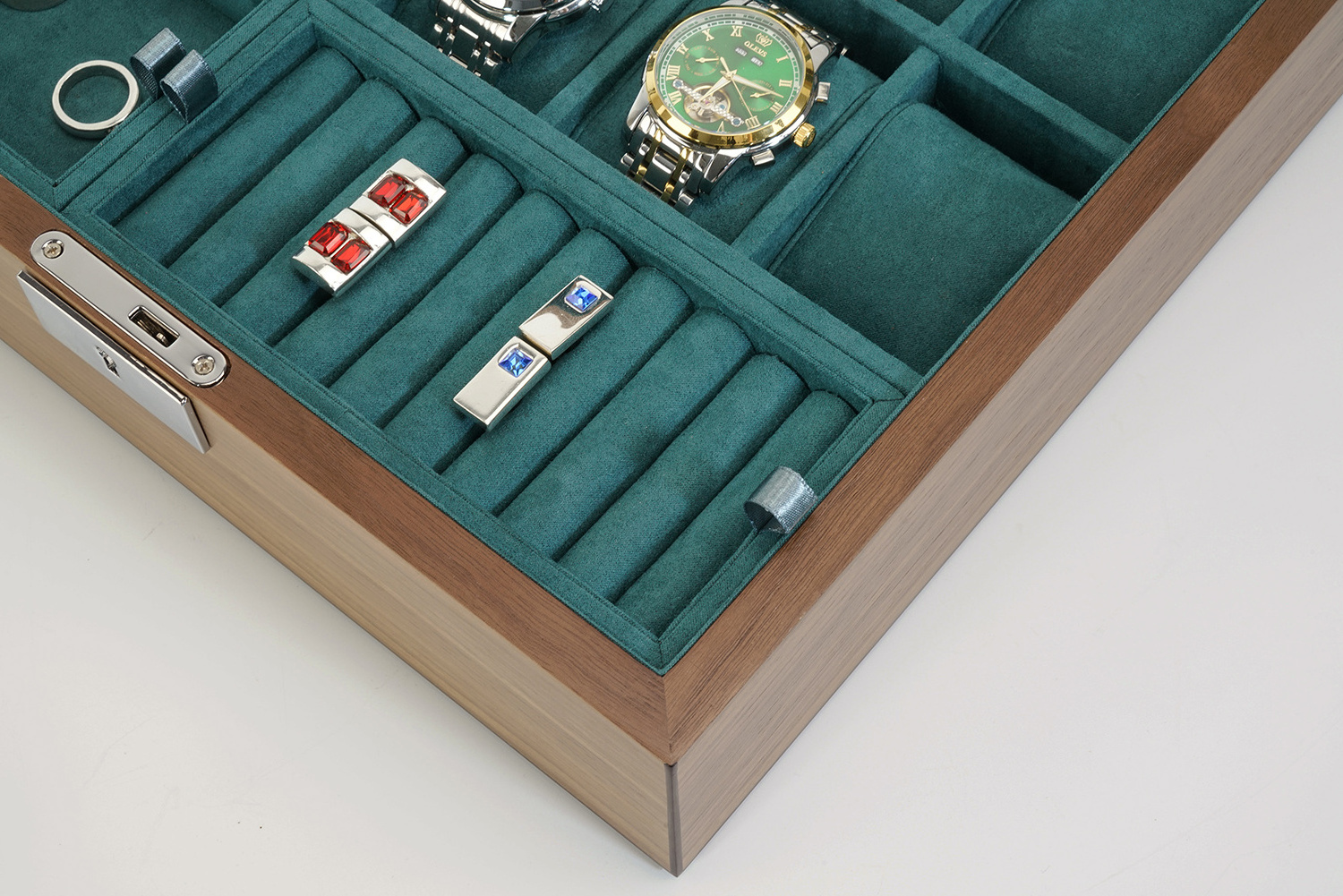 2023 New Wooden Jewelry Organizer for Men 10 Slots Watch box with 2 Valet Cufflink Trays