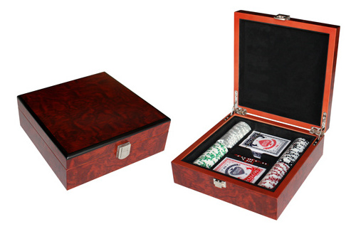 Sonny Black Cherry Wood Poker Chip Set Case With Dices And Chips