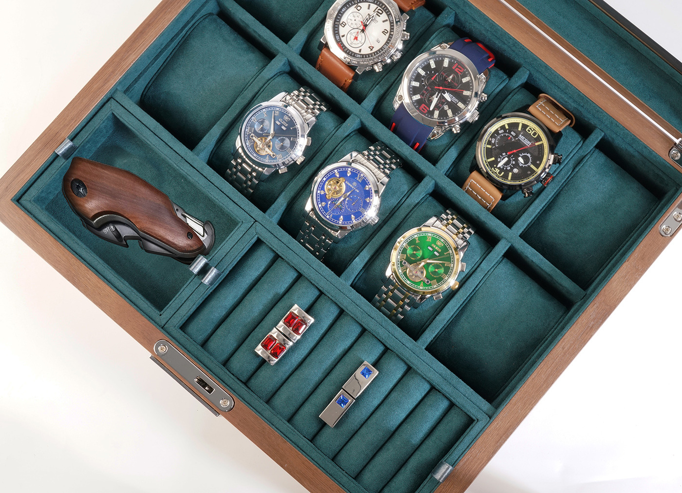 2023 New Wooden Jewelry Organizer for Men 10 Slots Watch box with 2 Valet Cufflink Trays