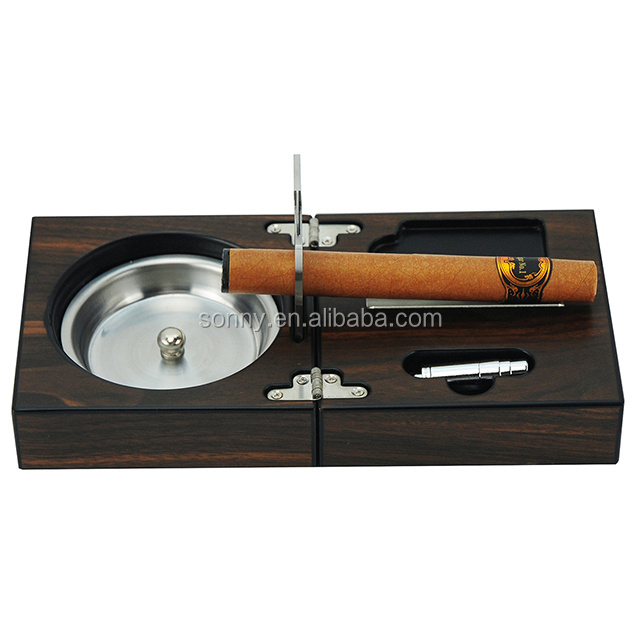 Cigars Folding Wood Cigar Ashtray Set with Triple Jet Flame Butane Torch Lighter and Cutter