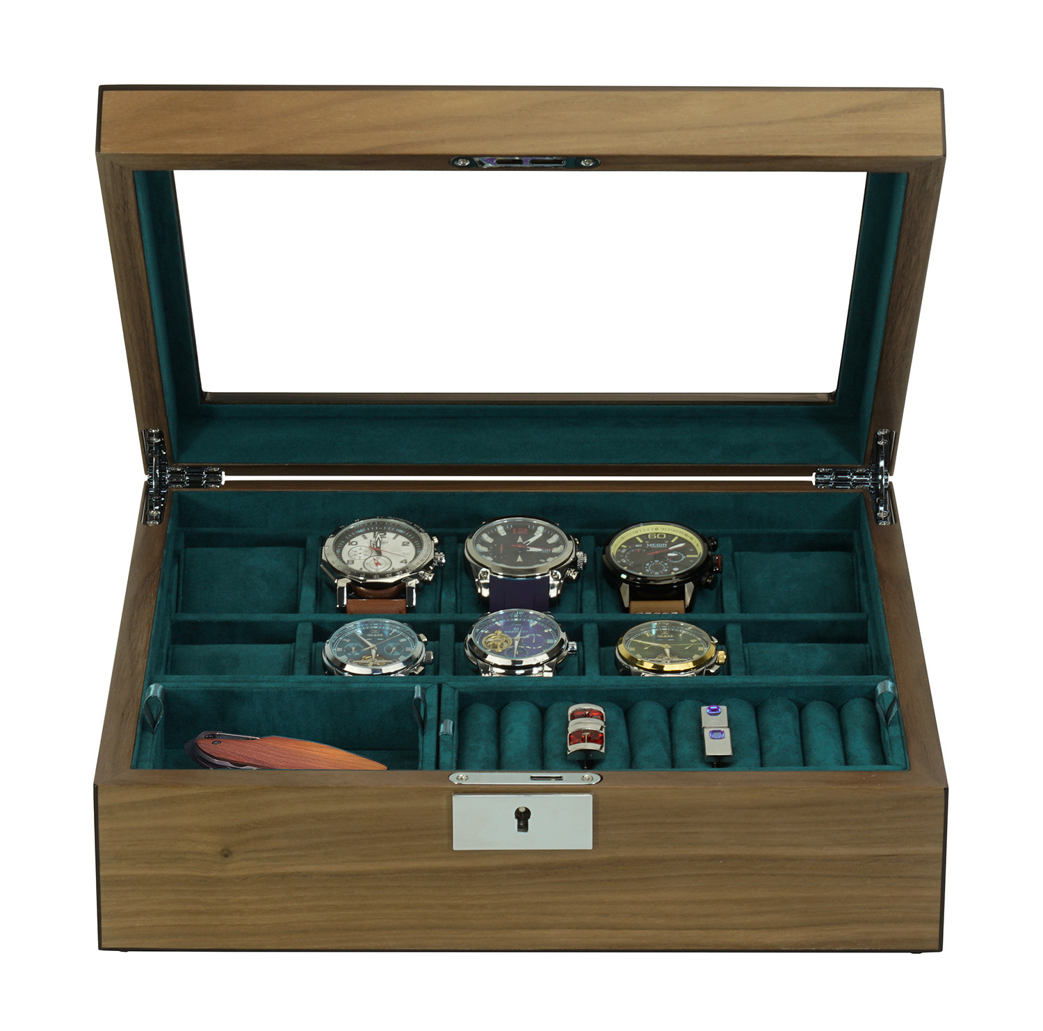 2023 New Wooden Jewelry Organizer for Men 10 Slots Watch box with 2 Valet Cufflink Trays