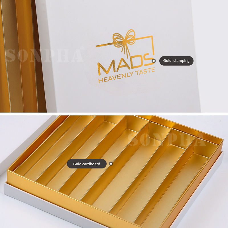 Custom High Quality Rigid Cardboard Chocolate Dessert Gift Candy Cookie Macarons Box With Gold Cardboard Divider