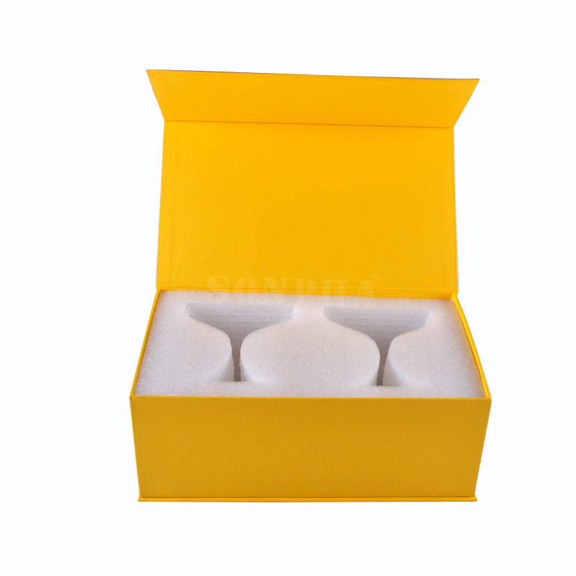 Hot Selling Custom Cardboard Magnetic Closure Hard Coated Foam Insert Glass Wine Glass Packaging Yellow Wine Glass Gift Box