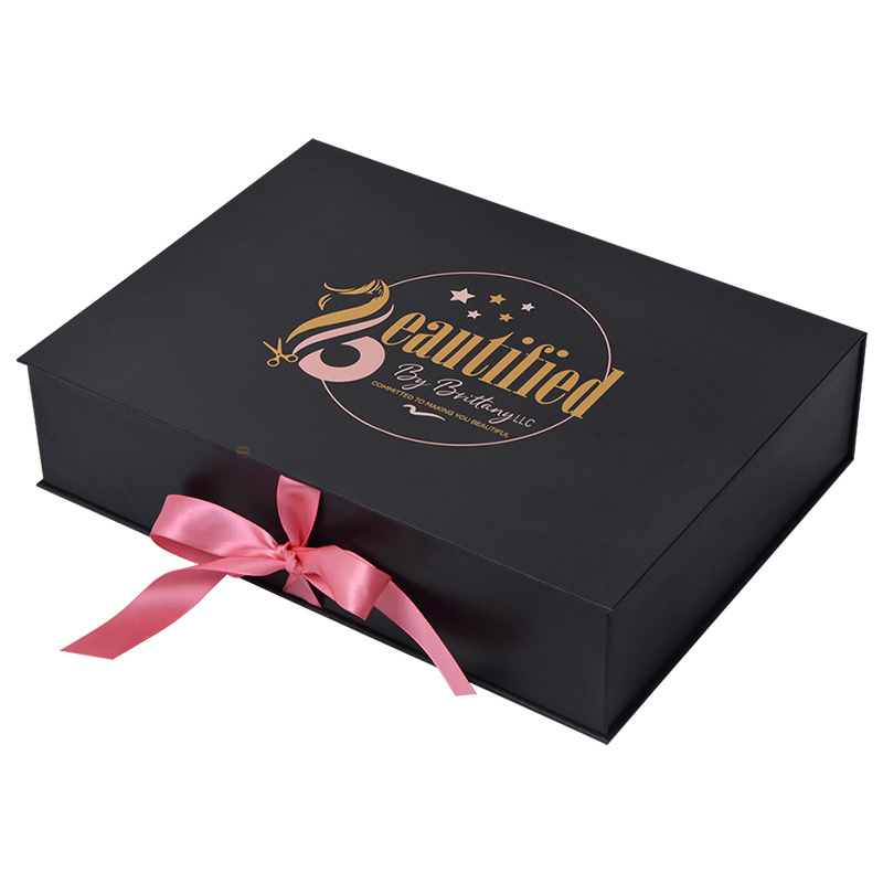 Custom Black Wig Hair Bundles Packaging Boxes Extension Bags With Satin Human Weave Hair Gift Storage Box With Ribbon Closure