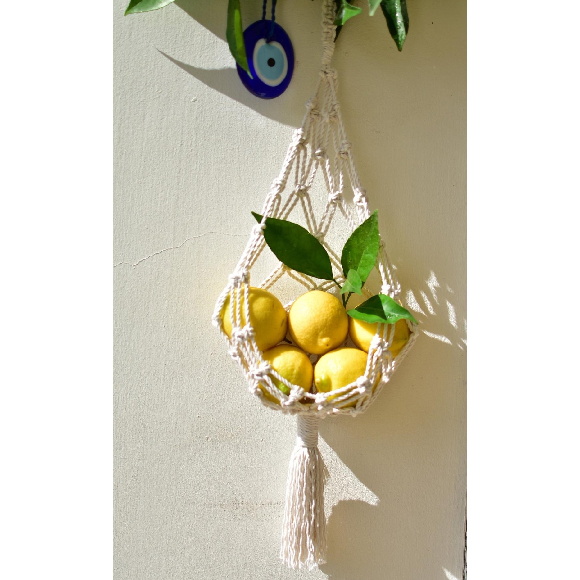 Cotton macrame fruit hammock with metal hooks made in Vietnam