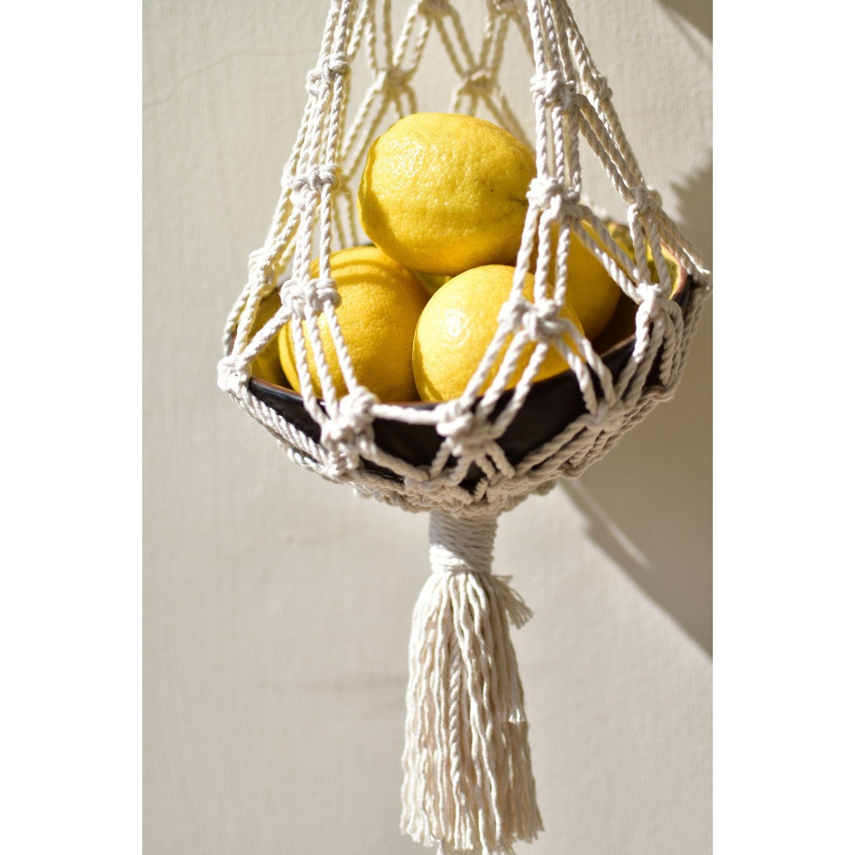 Cotton macrame fruit hammock with metal hooks made in Vietnam