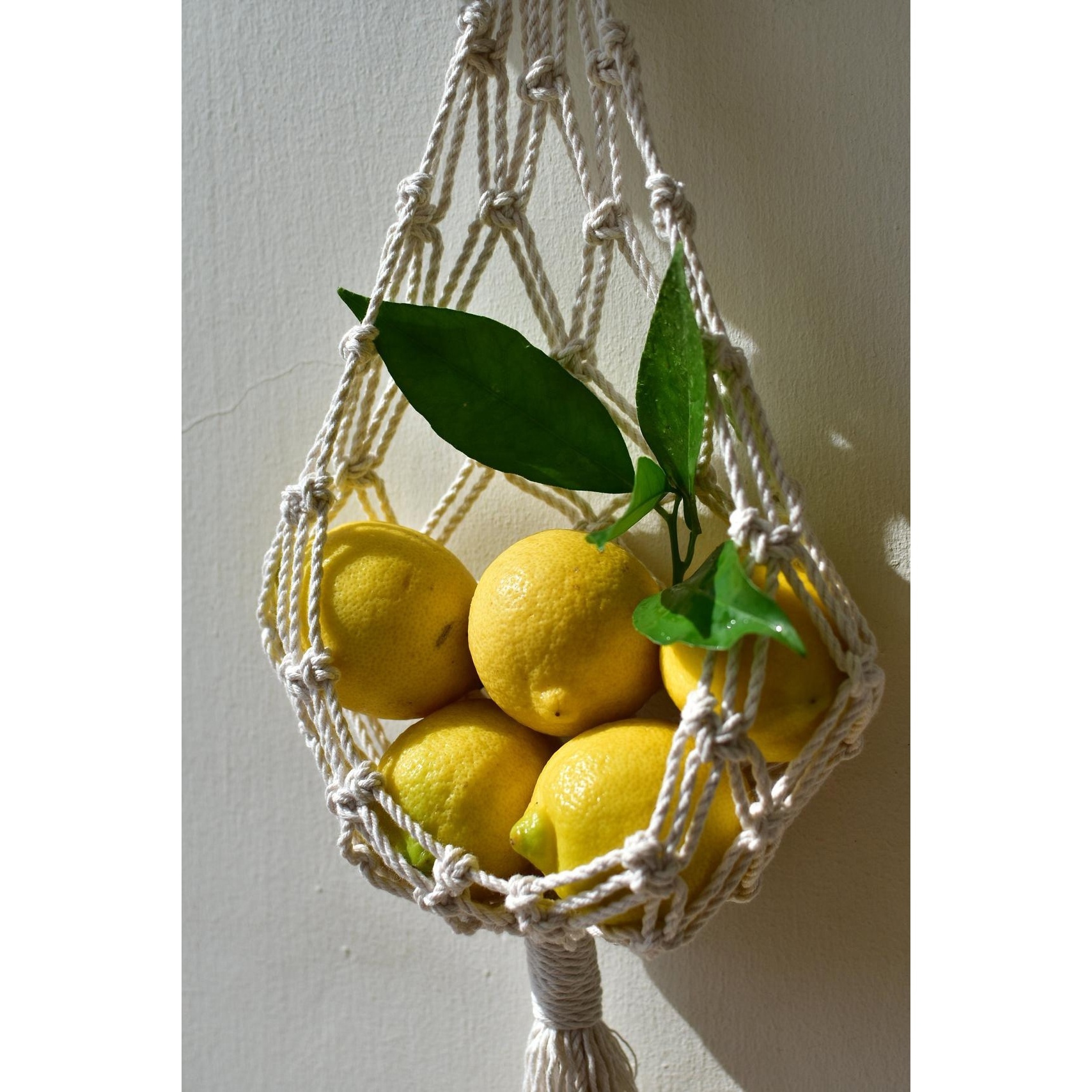 Cotton macrame fruit hammock with metal hooks made in Vietnam