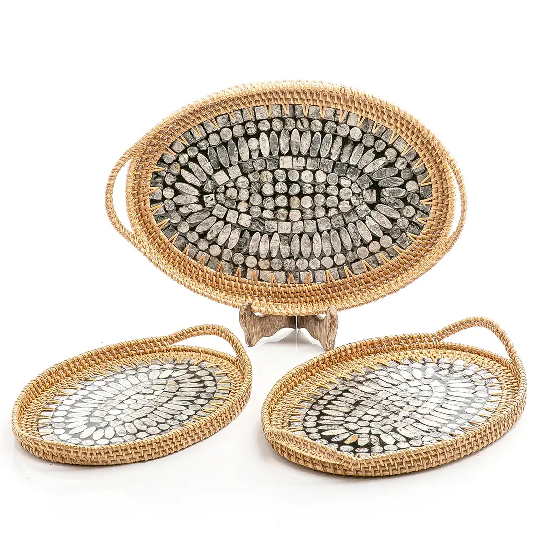 New Collection High Quality Luxury Rattan And Mother Of Pearl Inlay Plate Mother Of Pearl Serving Tray handmade in Vietnam