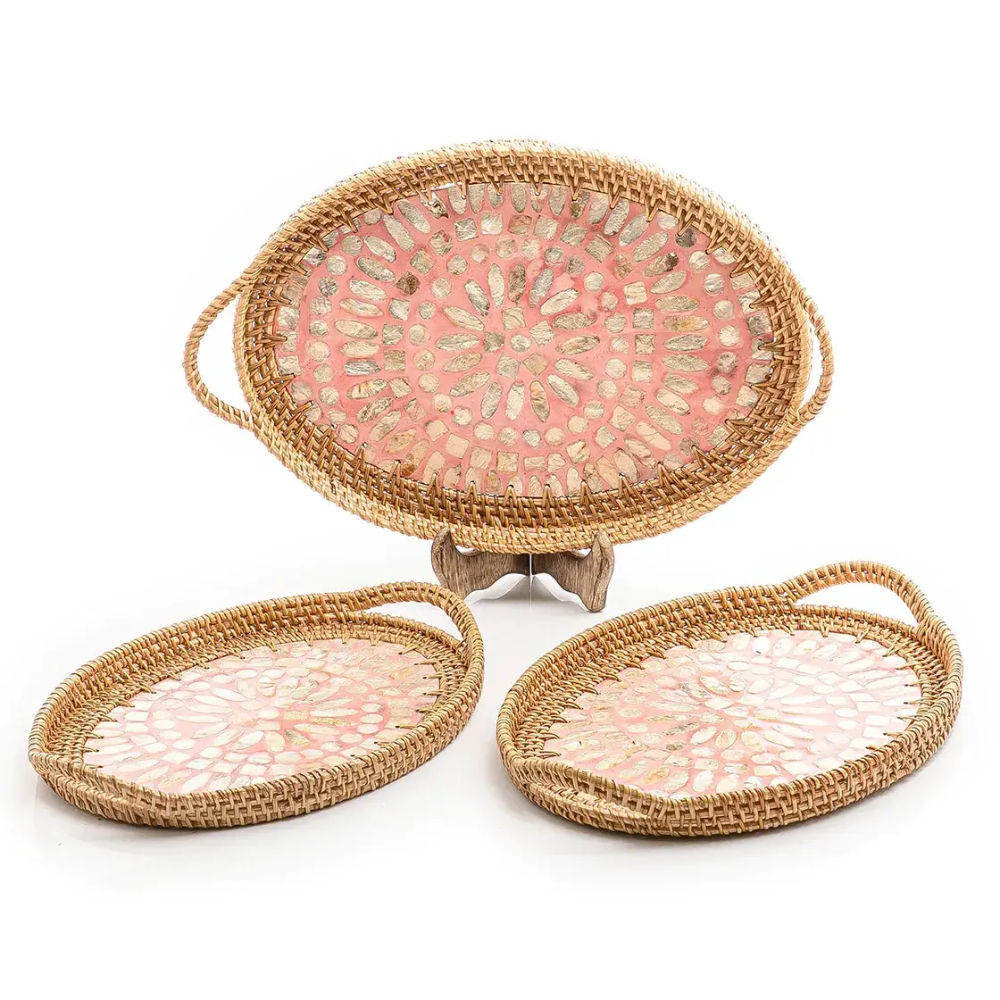 New Collection High Quality Luxury Rattan And Mother Of Pearl Inlay Plate Mother Of Pearl Serving Tray handmade in Vietnam