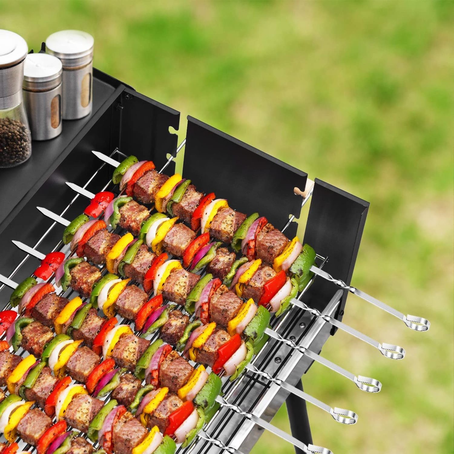 Kabob BBQ skewers stainless steel 14inch Flat Metal Grilling Skewers Set, Reusable BBQ Sticks kabob rack