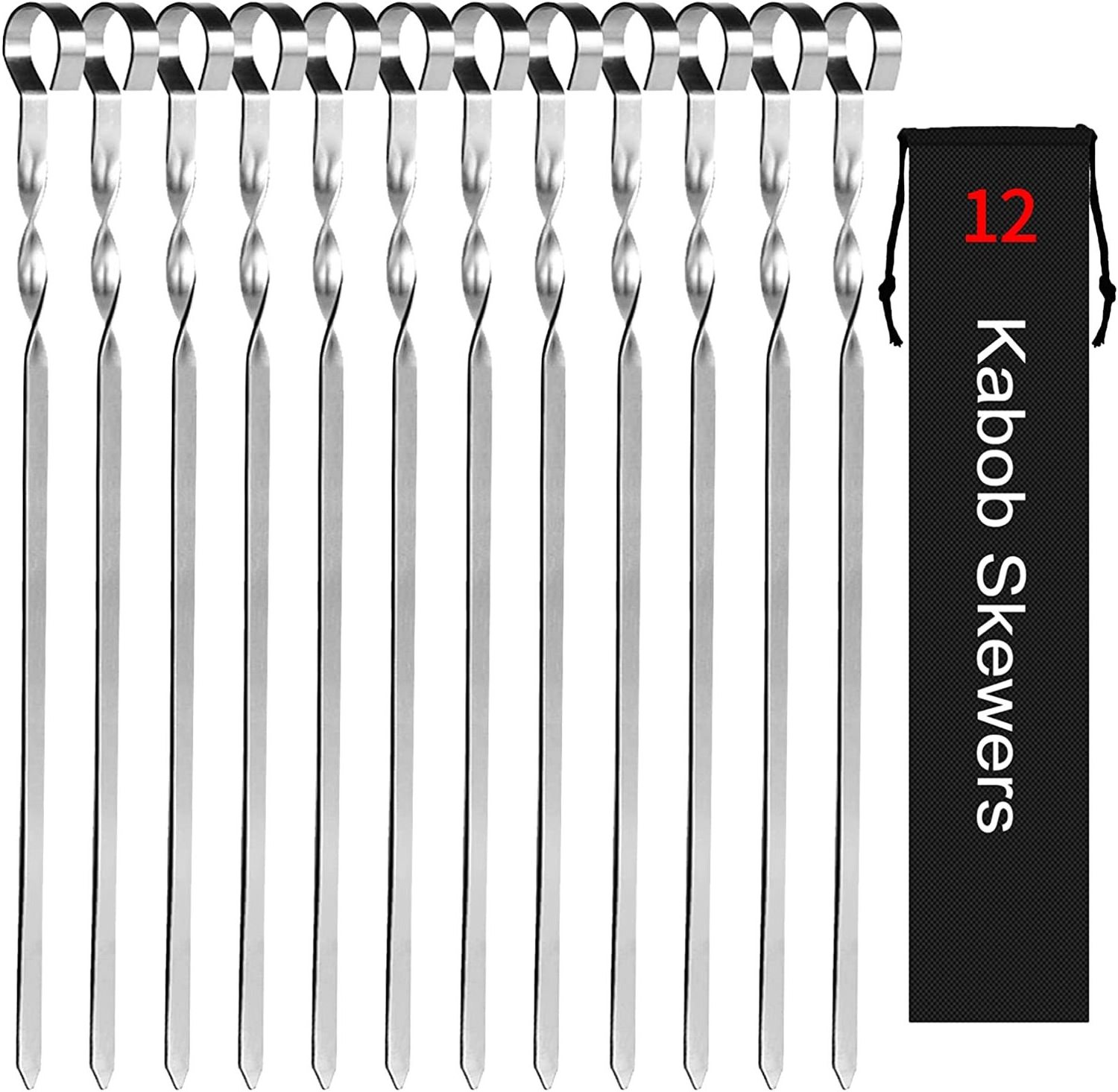 Kabob BBQ skewers stainless steel 14inch Flat Metal Grilling Skewers Set, Reusable BBQ Sticks kabob rack