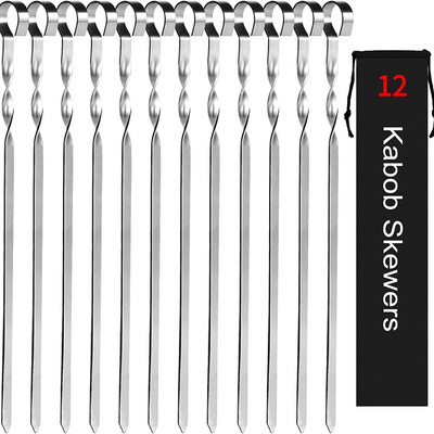 Kabob BBQ skewers stainless steel 14inch Flat Metal Grilling Skewers Set, Reusable BBQ Sticks kabob rack