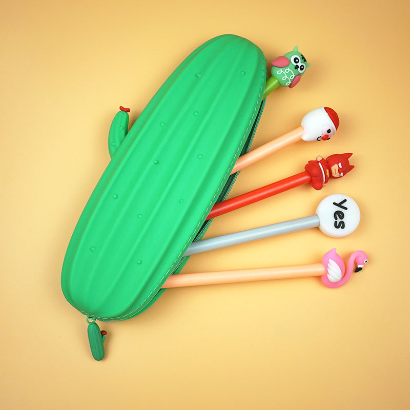 Soododo XDBD0013 Large capacity soft silicone pen bag fresh cartoon creative cute cactus simple solid color pencil case