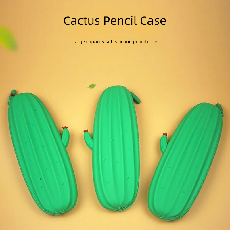 Soododo XDBD0013 Large capacity soft silicone pen bag fresh cartoon creative cute cactus simple solid color pencil case