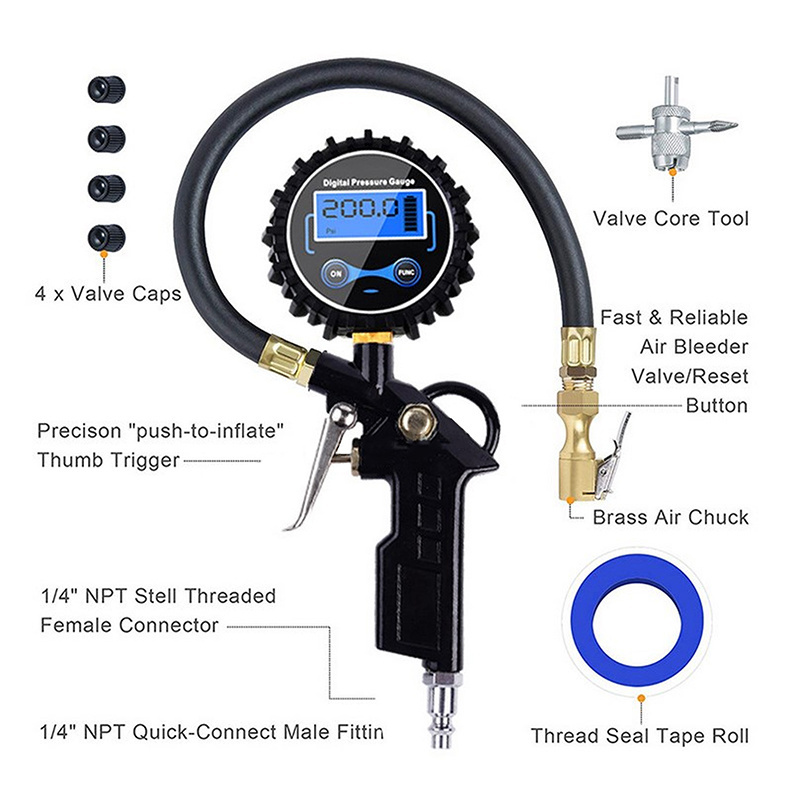 Portable 220 PSI Digital Pressure Gauge with Tire Inflator for Car SUV Truck RV with Quick Connect Coupler