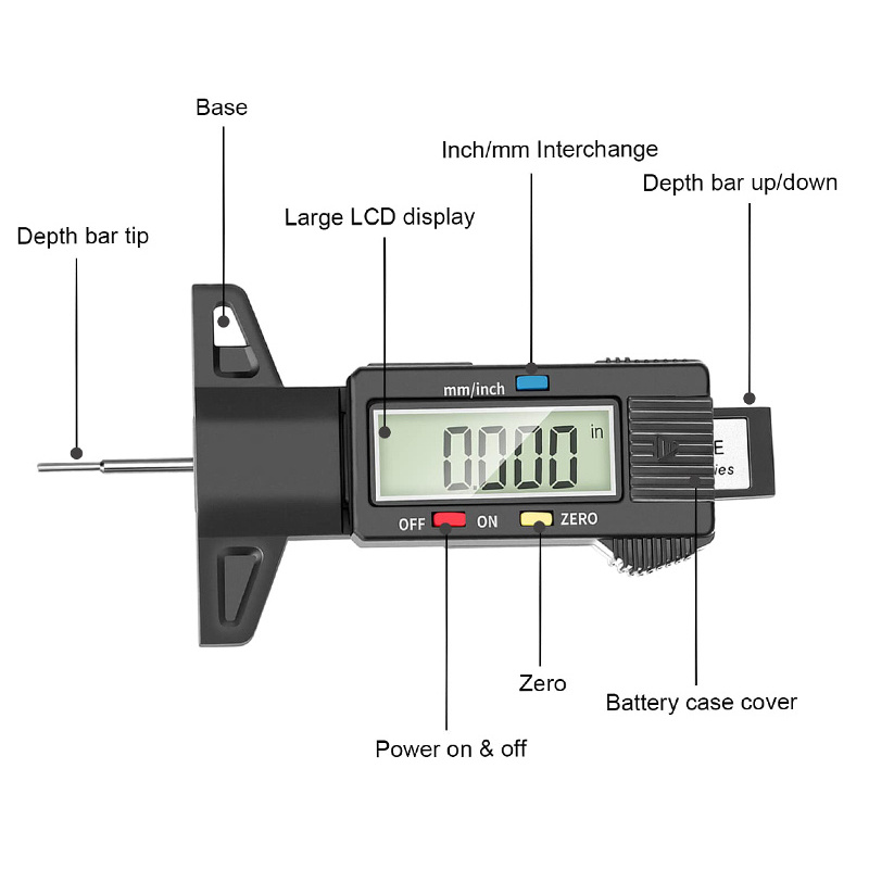 Portable 0-25.4mm/1inch Digital Tyre Tread Depth Gauge for Cars Trucks Motorcycle