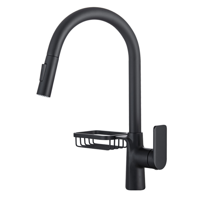 Modern single hole pull down sprayer with shelf kitchen faucet matt black brass wall mounted kitchen tap