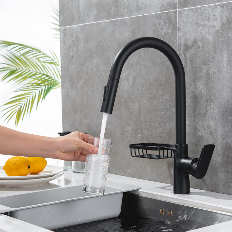 Modern single hole pull down sprayer with shelf kitchen faucet matt black brass wall mounted kitchen tap