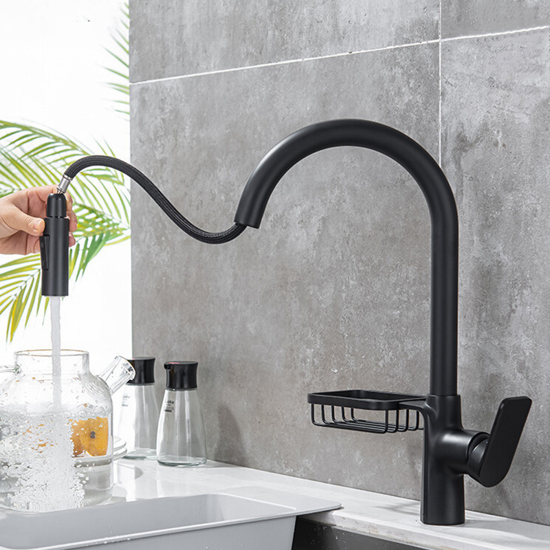 Modern single hole pull down sprayer with shelf kitchen faucet matt black brass wall mounted kitchen tap