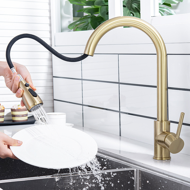 Luxury Style Single Handle Pull Out With Sprayer Deck Mounted 304 Stainless Steel Brushed Gold Kitchen Mixer Faucet