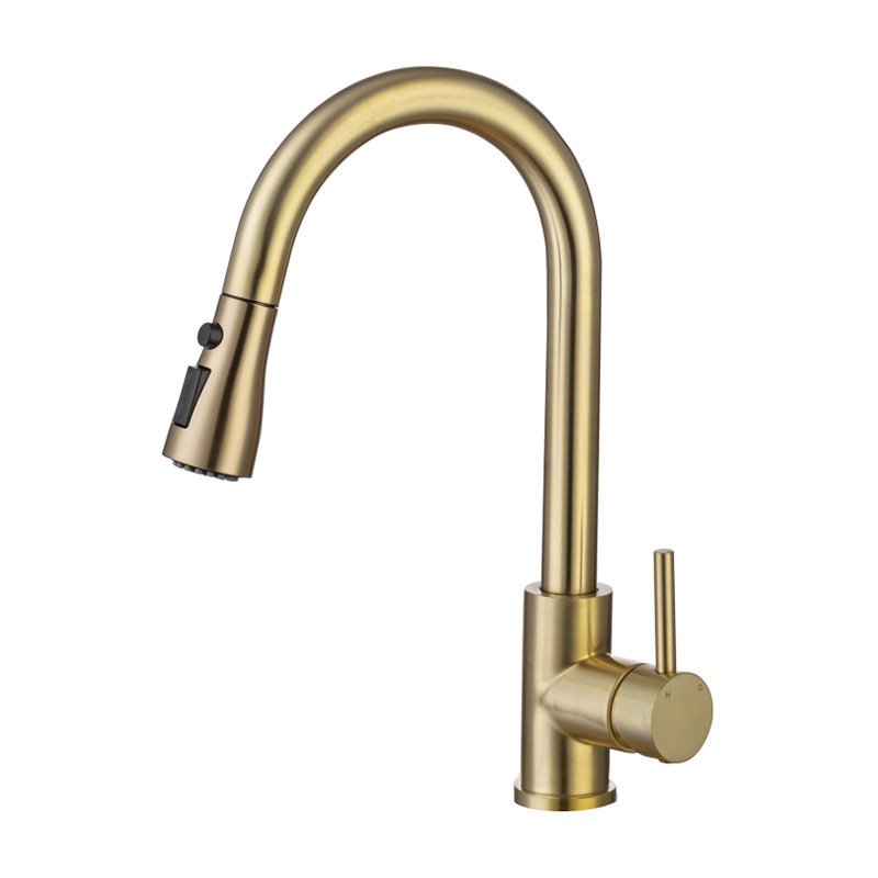 Luxury Style Single Handle Pull Out With Sprayer Deck Mounted 304 Stainless Steel Brushed Gold Kitchen Mixer Faucet