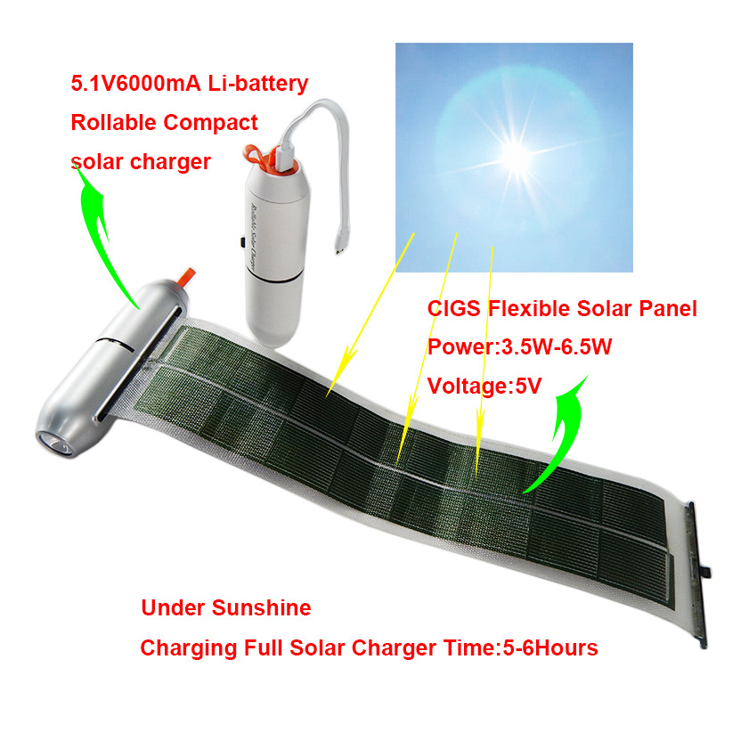 CIGS Flexible Solar Panel Rolling Charger with Light Function for Mobile and PC Charge solar panels