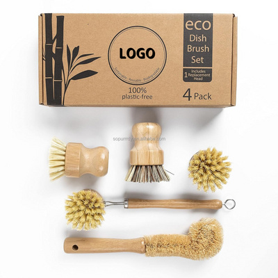 Custom Logo Wooden Dish Cleaning Brush Set Kitchen Washing Up Brushes Bamboo Natural Fibers Eco Friendly Wooden Pot Brush