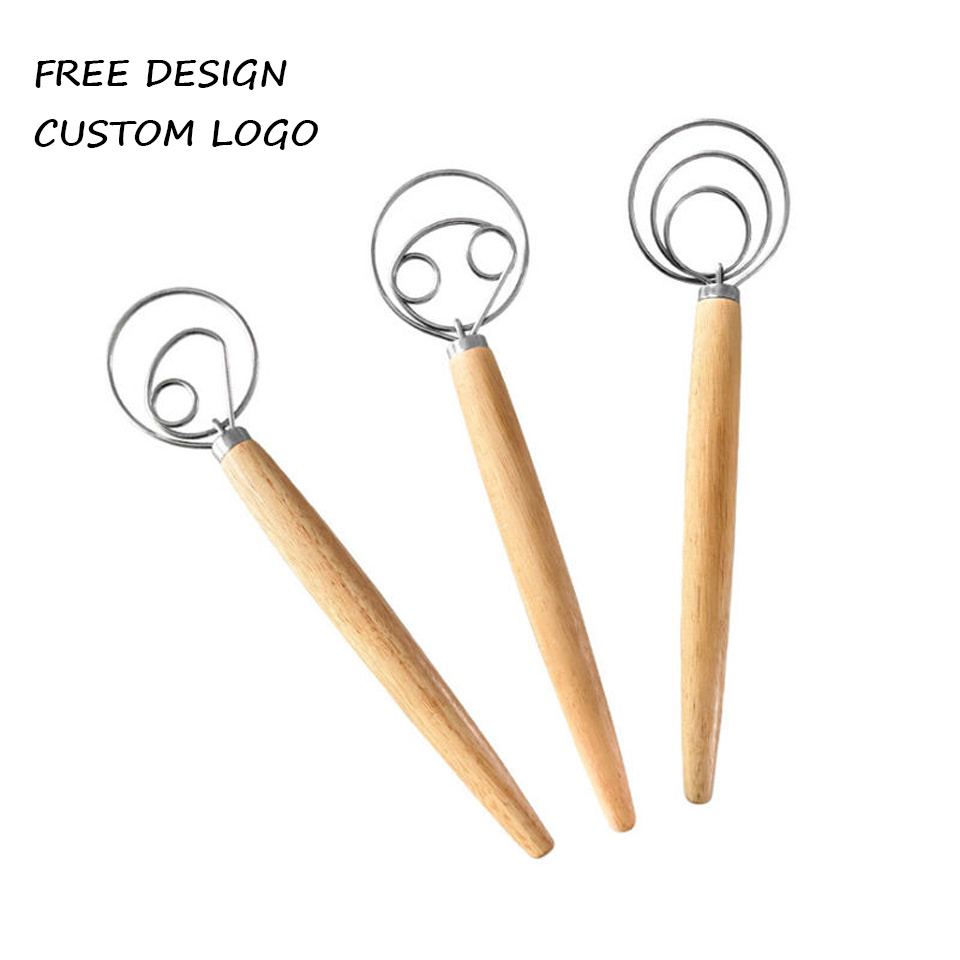 Custom logo stainless steel wooden handle kitchen hand egg beater manual cake bread pastry dough whisk baking Tools