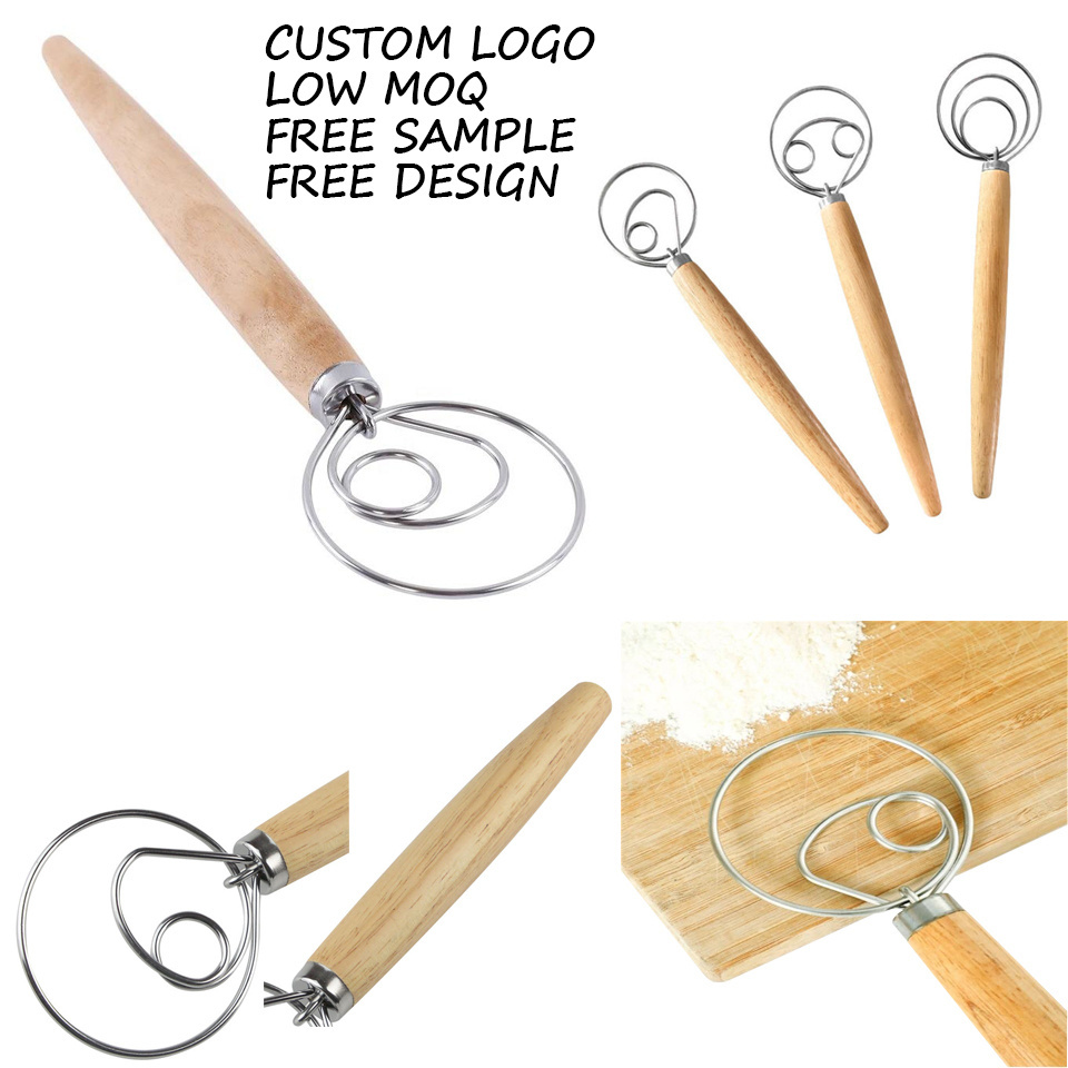 Custom logo stainless steel wooden handle kitchen hand egg beater manual cake bread pastry dough whisk baking Tools