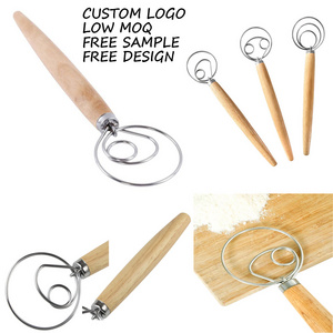 Custom logo stainless steel wooden handle kitchen hand egg beater manual cake bread pastry dough whisk baking Tools