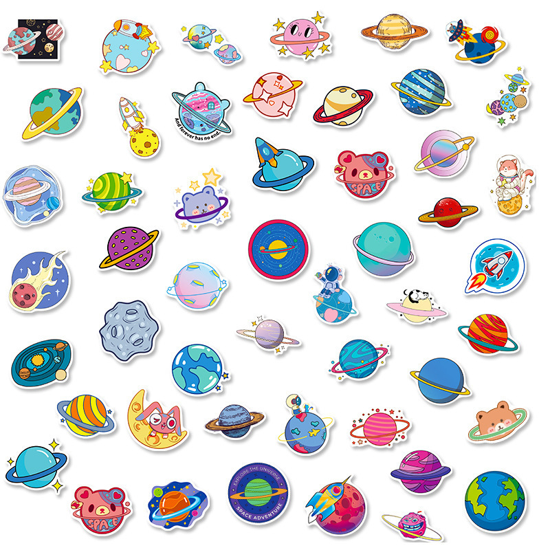 Wholesale Cute 3D Planet Star Wall Sticker 50pcs DIY Mobile Phone Back Decorative PVC Notebook Cup Trunk Astronaut Sticker Set