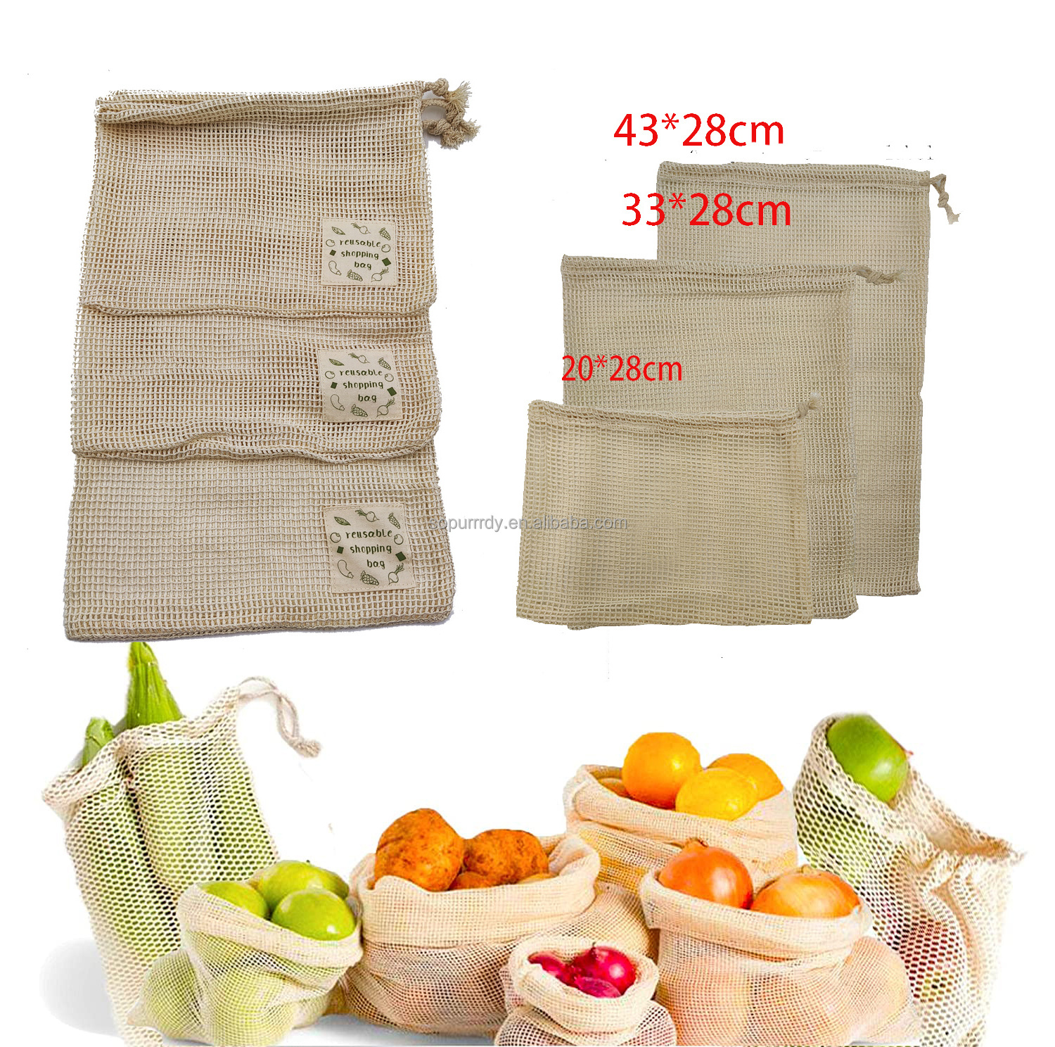 Big Beach Cotton Net Shopping Bag With Inside Pockets Custom Logo Tote For Fruit Vegetable Small Mesh Drawstring Produce Bag