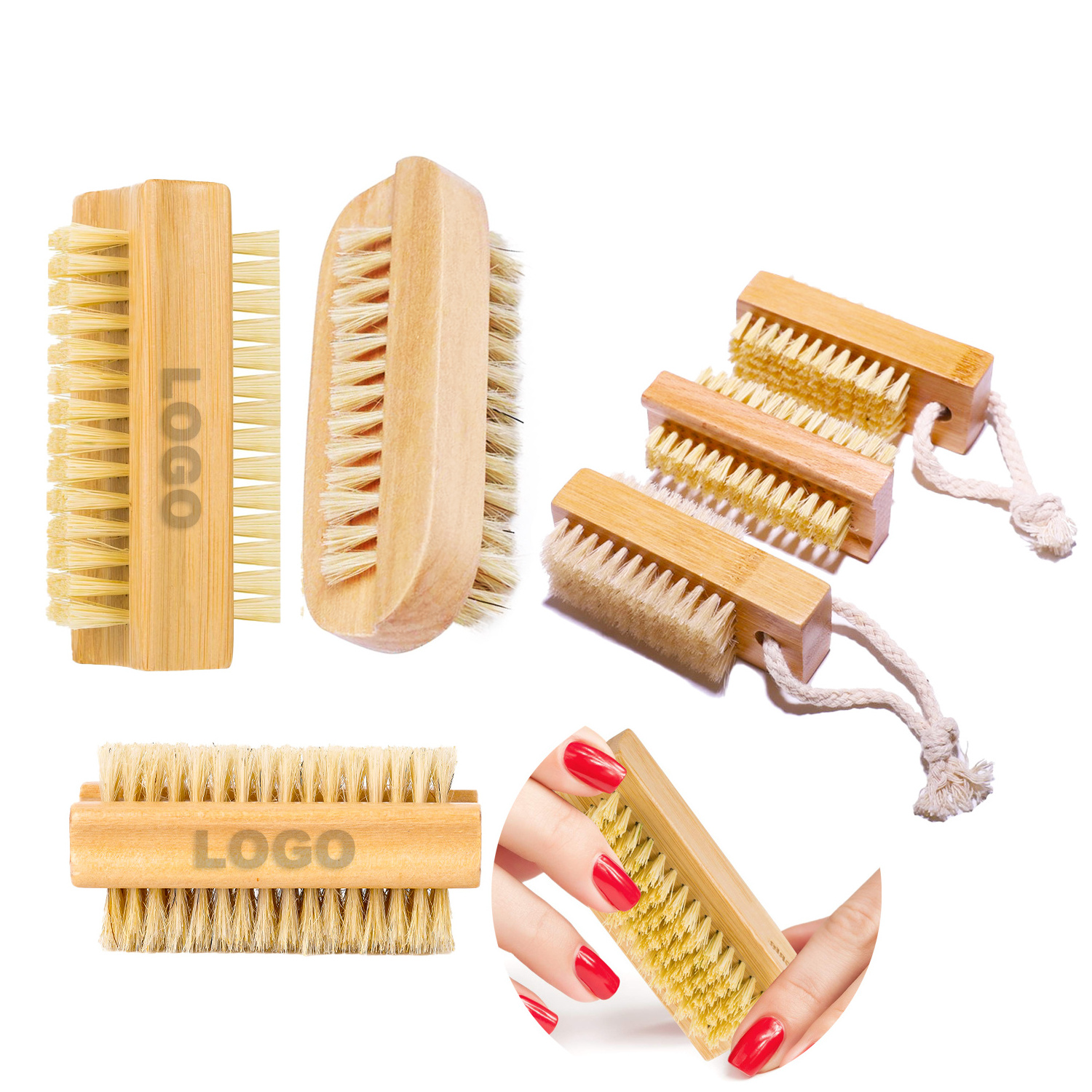 Custom Bamboo Nail Brush Two-side Firm Nature Wooden Sisal Scrub Brush for Toes and Nails Feet Finger Dust Cleaning Nail Brush