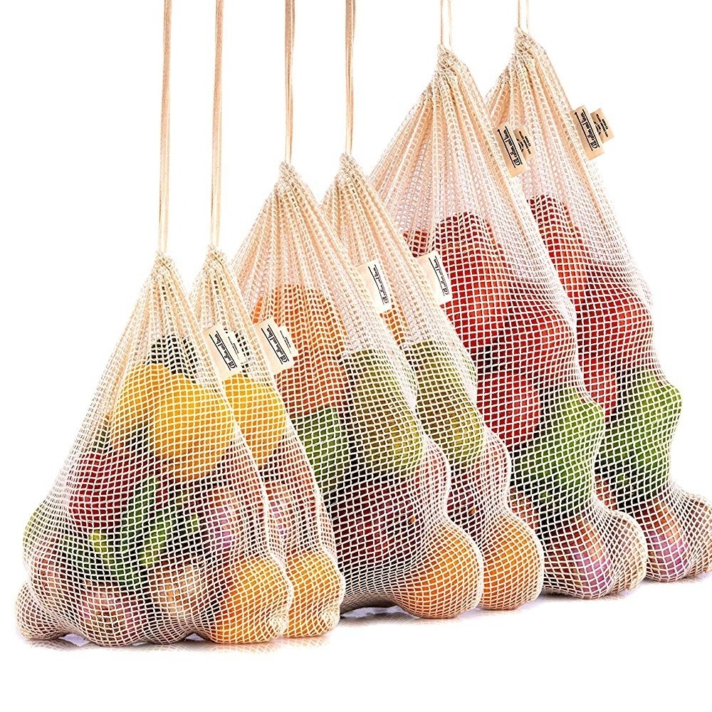 Sopurrrdy Eco friendly Reusable organic cotton mesh produce bag with drawstring for grocery shopping fruit vegetables